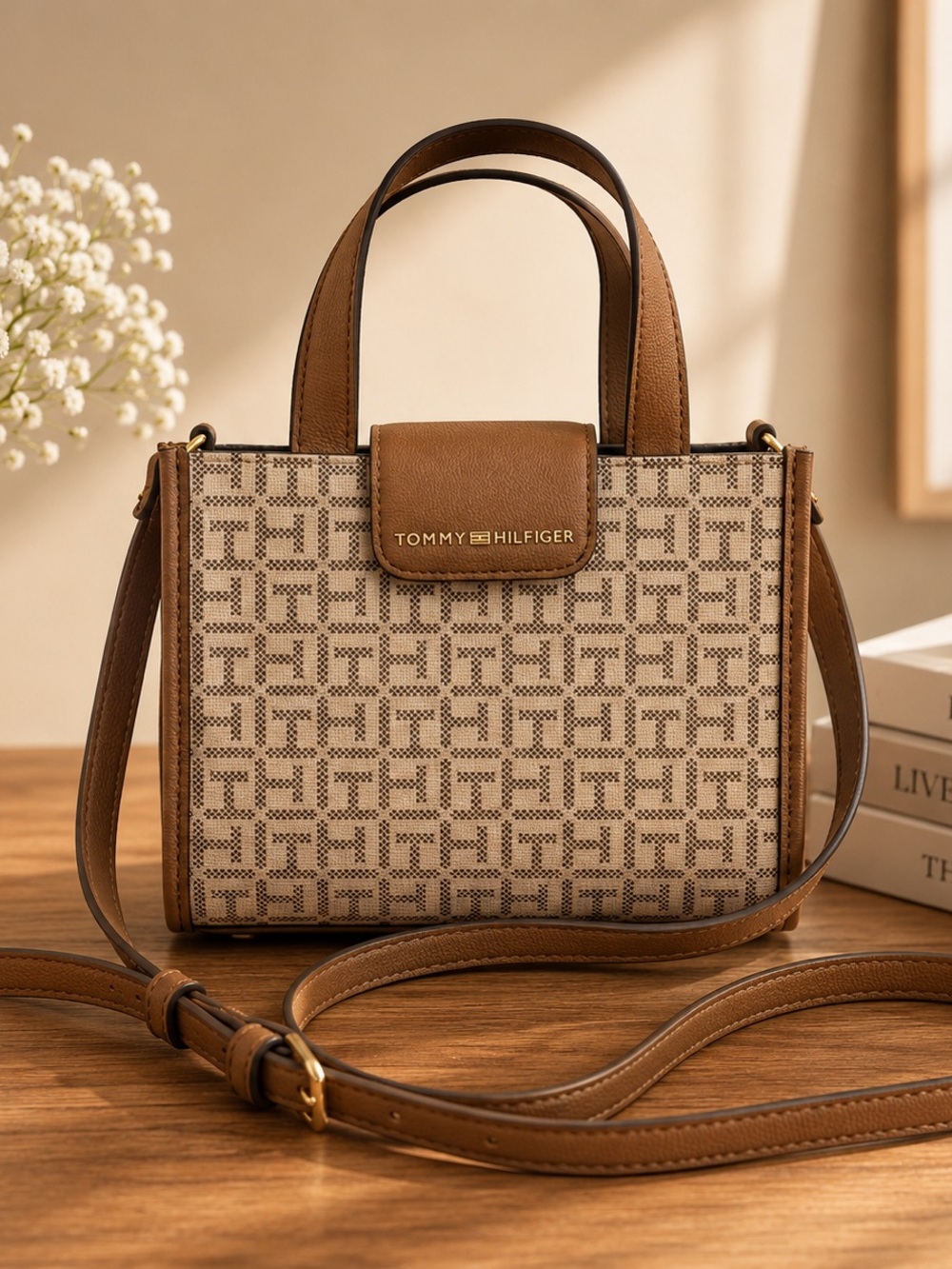 NWT Tommy Hilfiger Monogram Mini Crossbody Tote Brown Logo